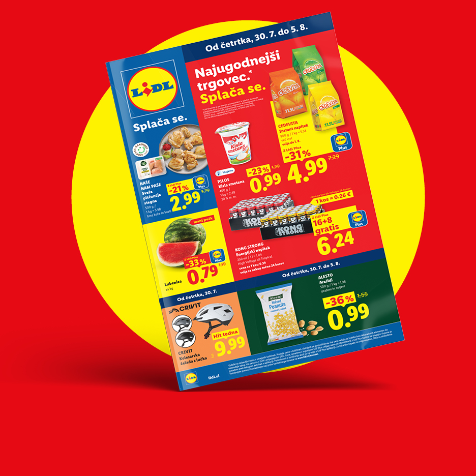 Lidl letak z akcijskimi ponudbami, vključno s piščančjimi stegni, kislo smetano, lubenico, energijskimi pijačami, arašidi in kolesarsko čelado.