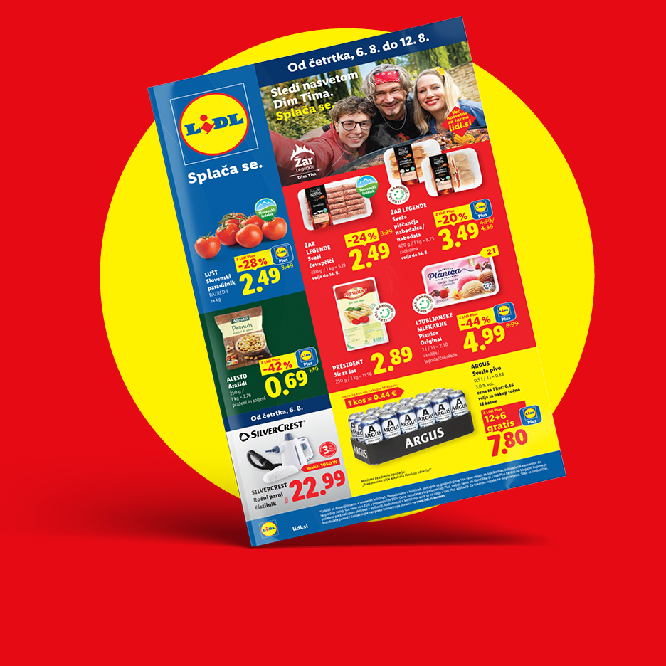 Lidl letak z akcijskimi izdelki, vključno s paradižnikom, arašidi, sirom za žar, pivom in čistilnikom.