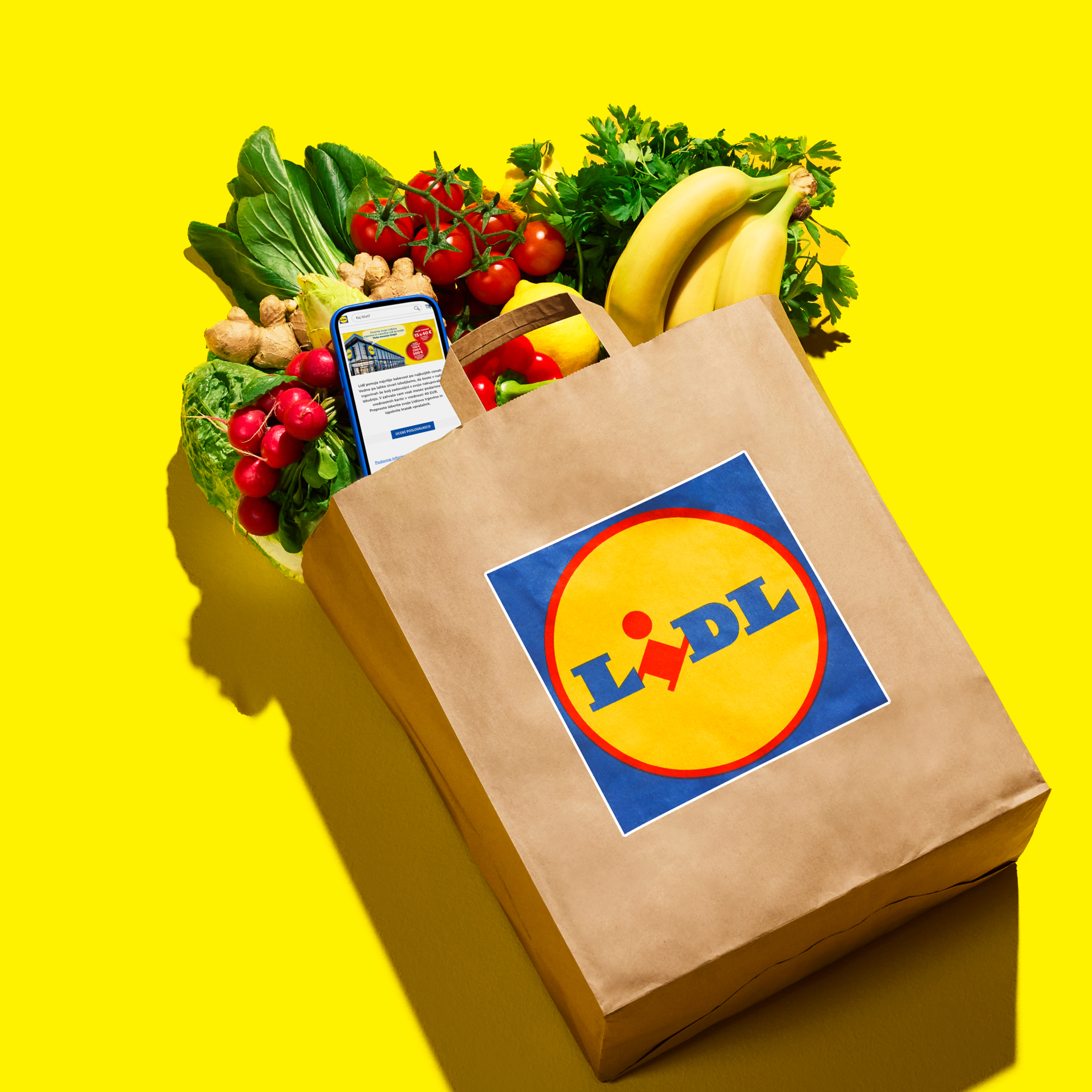 Lidl papirnata vrečka z živili, vključno s paradižnikom, bananami, redkvicami in telefonom z aplikacijo Lidl.