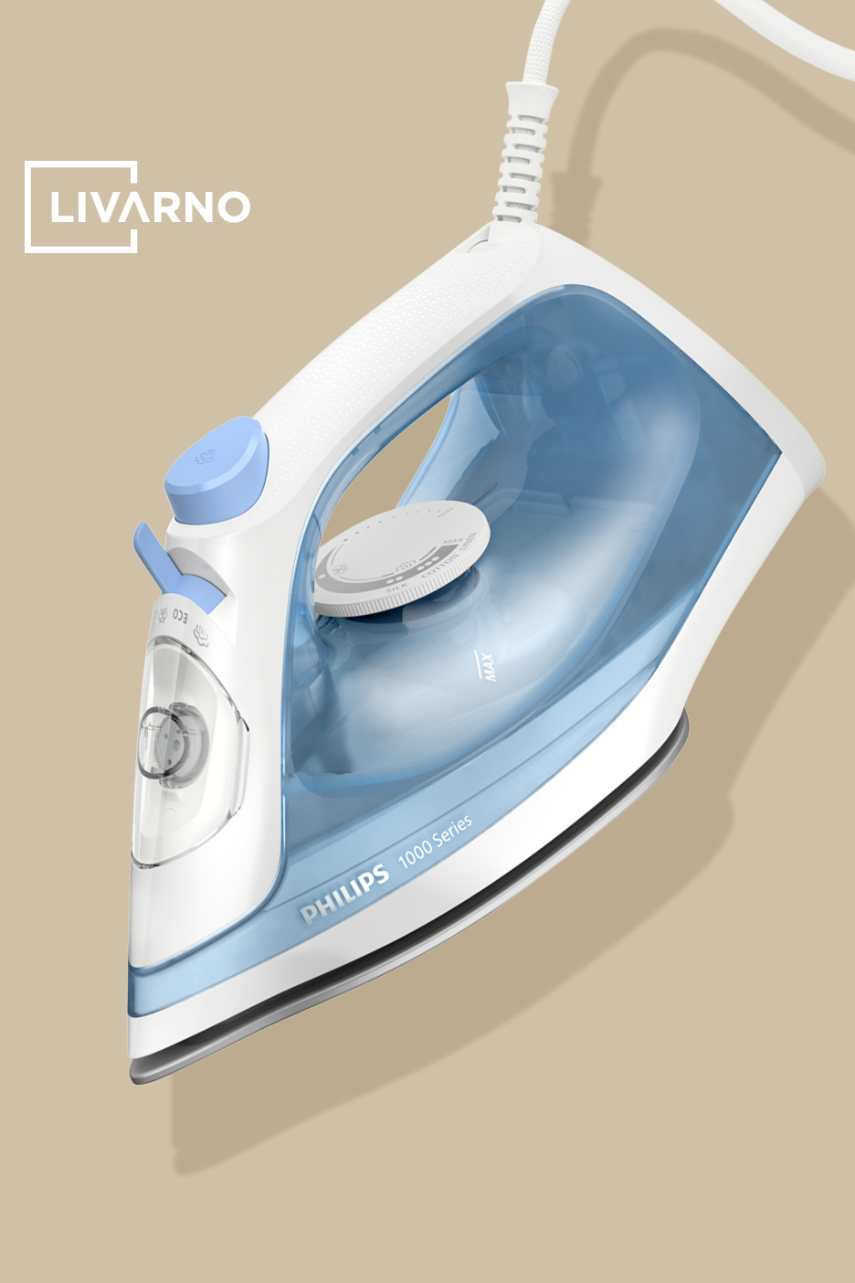 Belo-moder parni likalnik z napisom LIVARNO in PHILIPS 1000 Series.