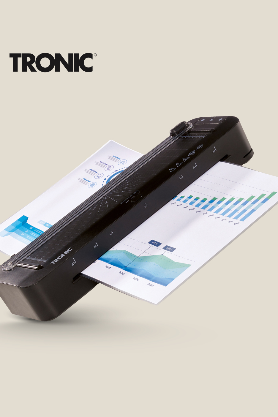 Črn laminator z dokumenti A3, A4 in A5, ki prikazujejo grafikone in diagrame.