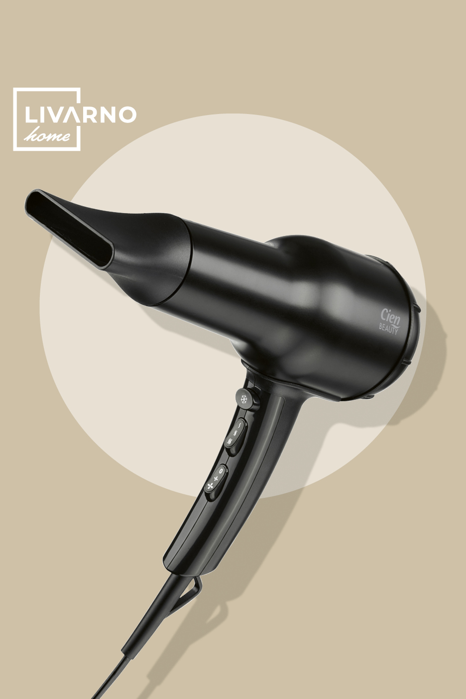 Črn sušilnik za lase z nastavitvami za hitrost in temperaturo, na bež ozadju.