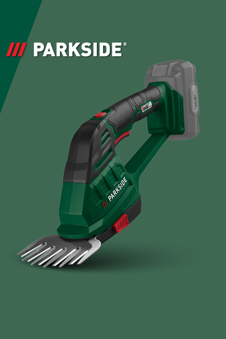 Akumulatorske škarje za travo in grmičevje z baterijo in logotipom.