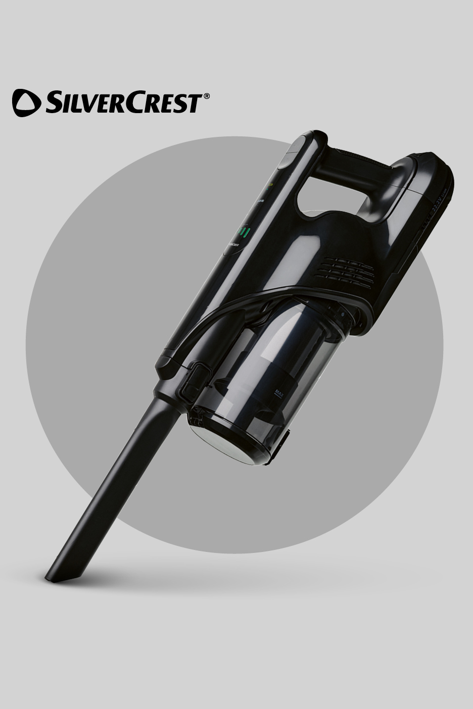 Črn ročni sesalnik z logotipom in sivim krogom v ozadju.