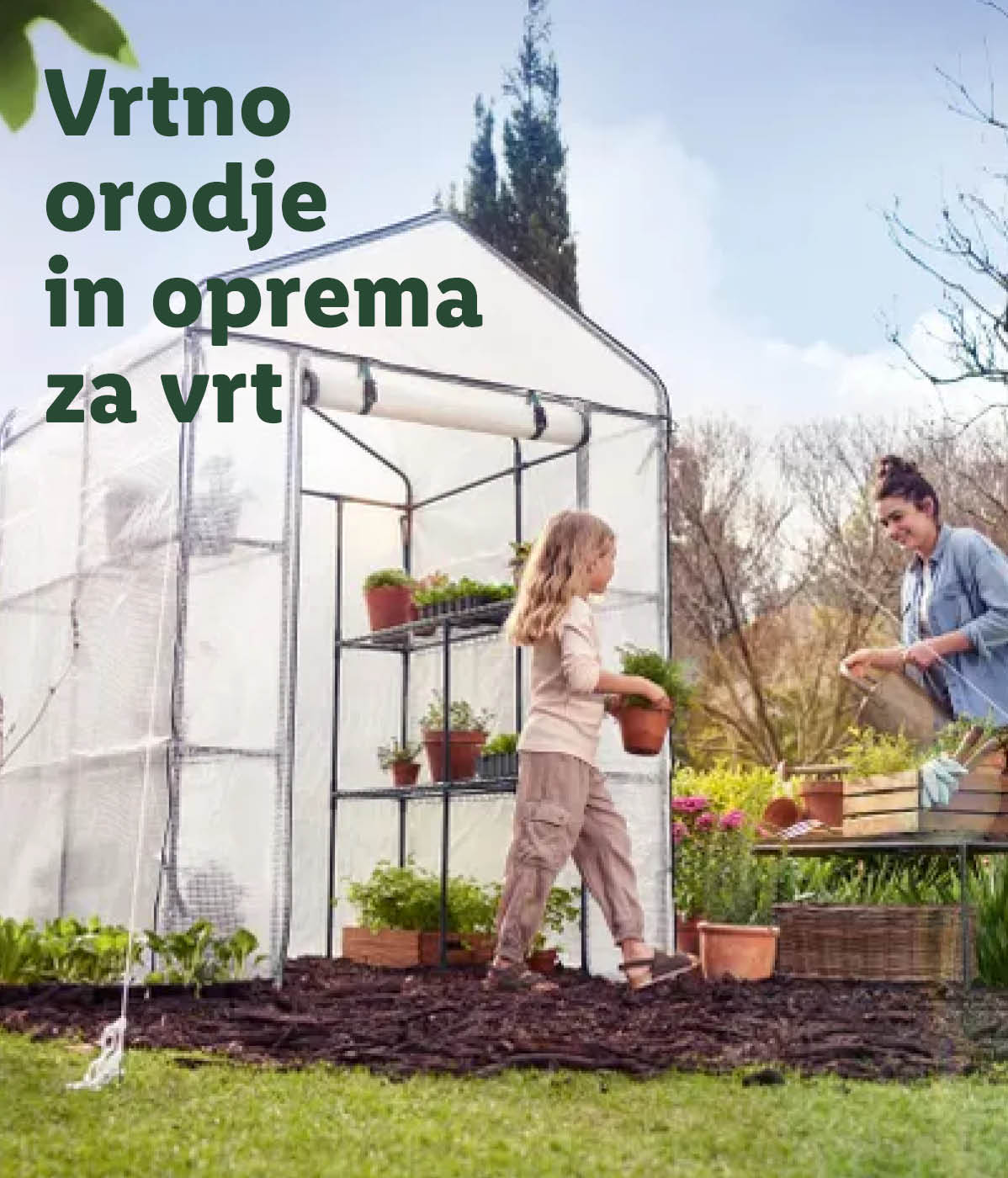 Vrtni rastlinjak in oprema za vrtnarjenje.