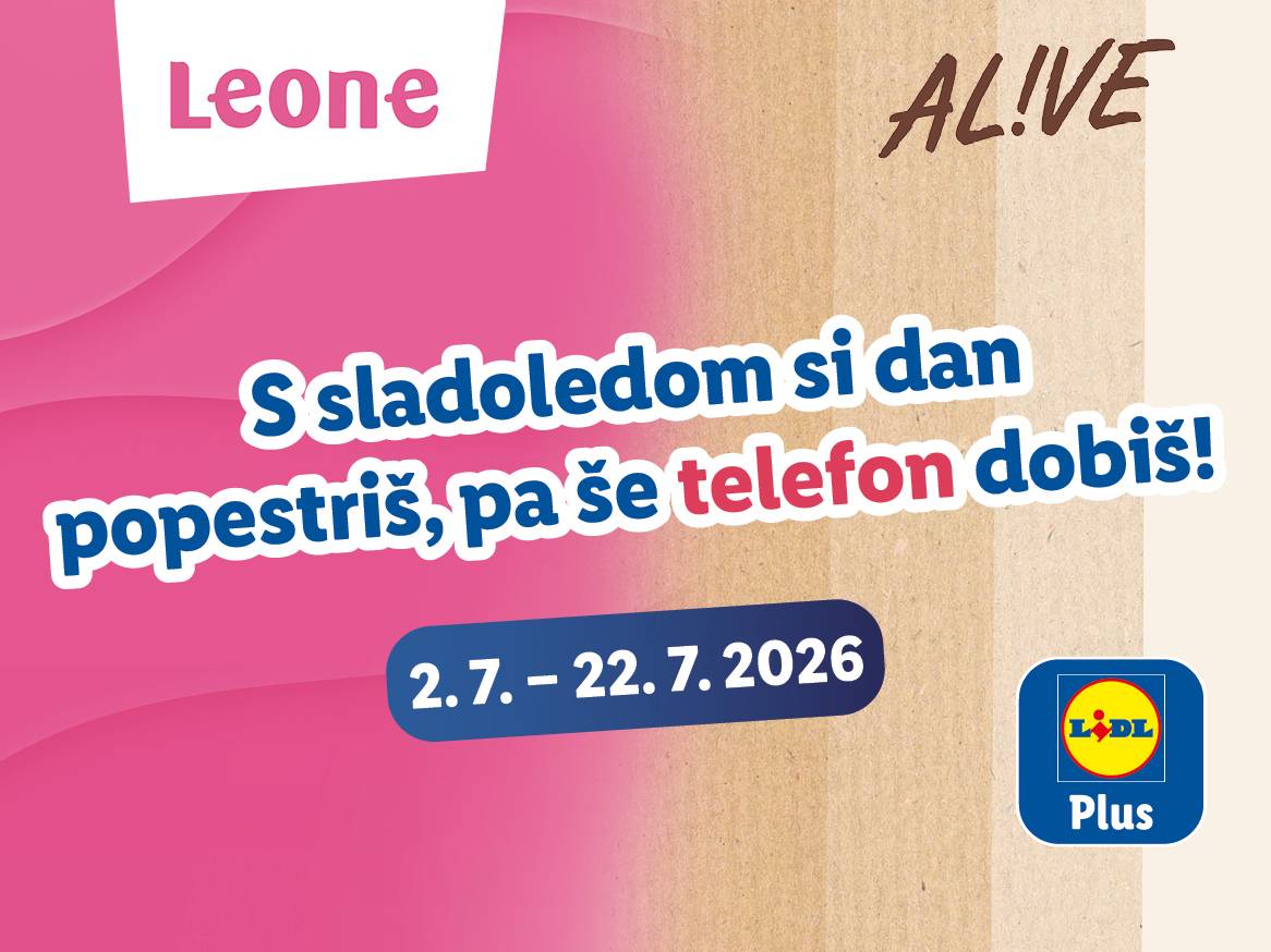 Oglas za sladoled, ki obljublja telefon, z datumom 2.7. – 22.7.2026 in logotipom Plus.