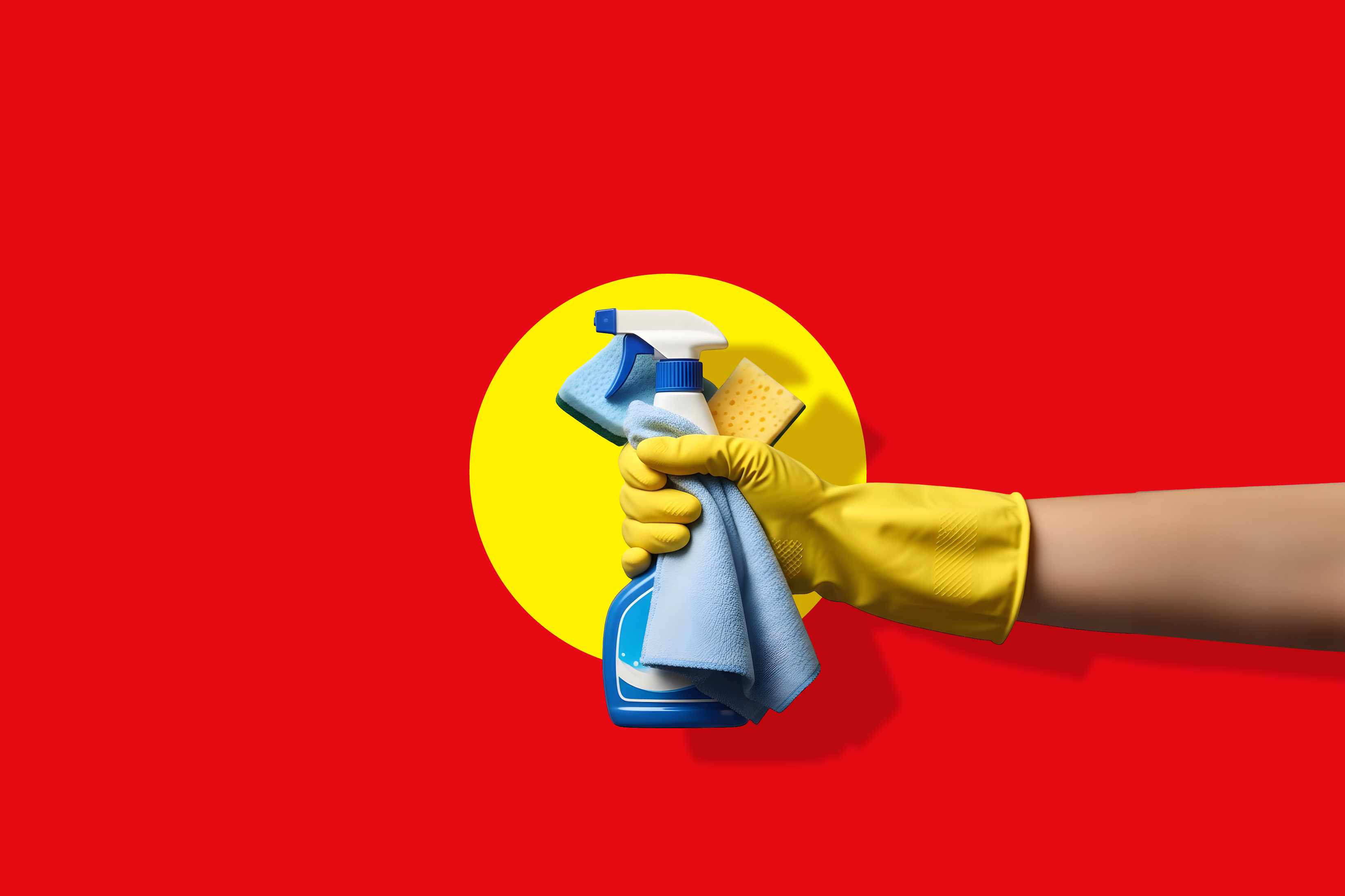 Roka v rumeni rokavici drži čistilno pršilo, krpo in gobico na rdečem ozadju z rumenim krogom.