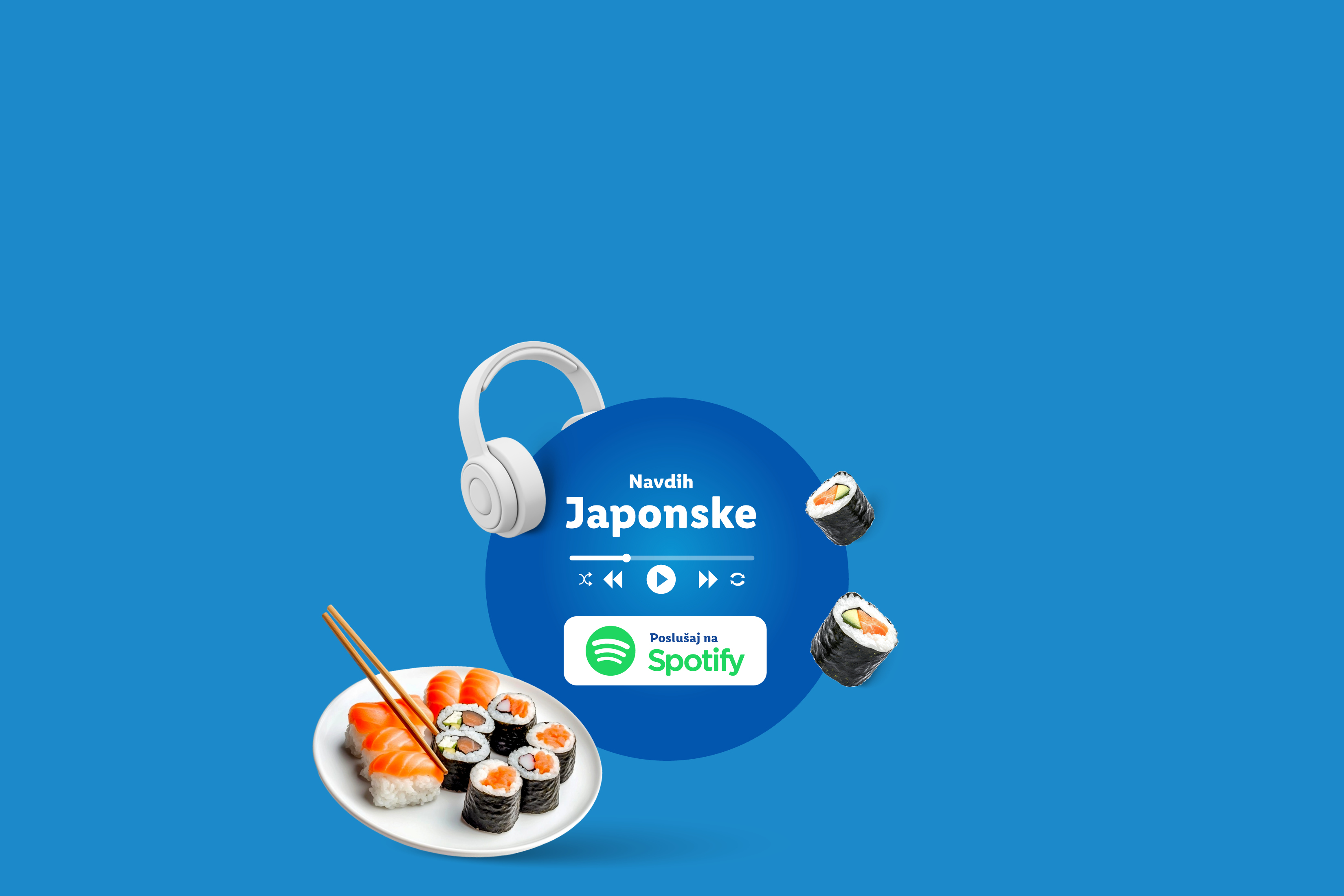 Sushi in slušalke z napisom »Navdih Japonske« in gumbom »Poslušaj na Spotify«.