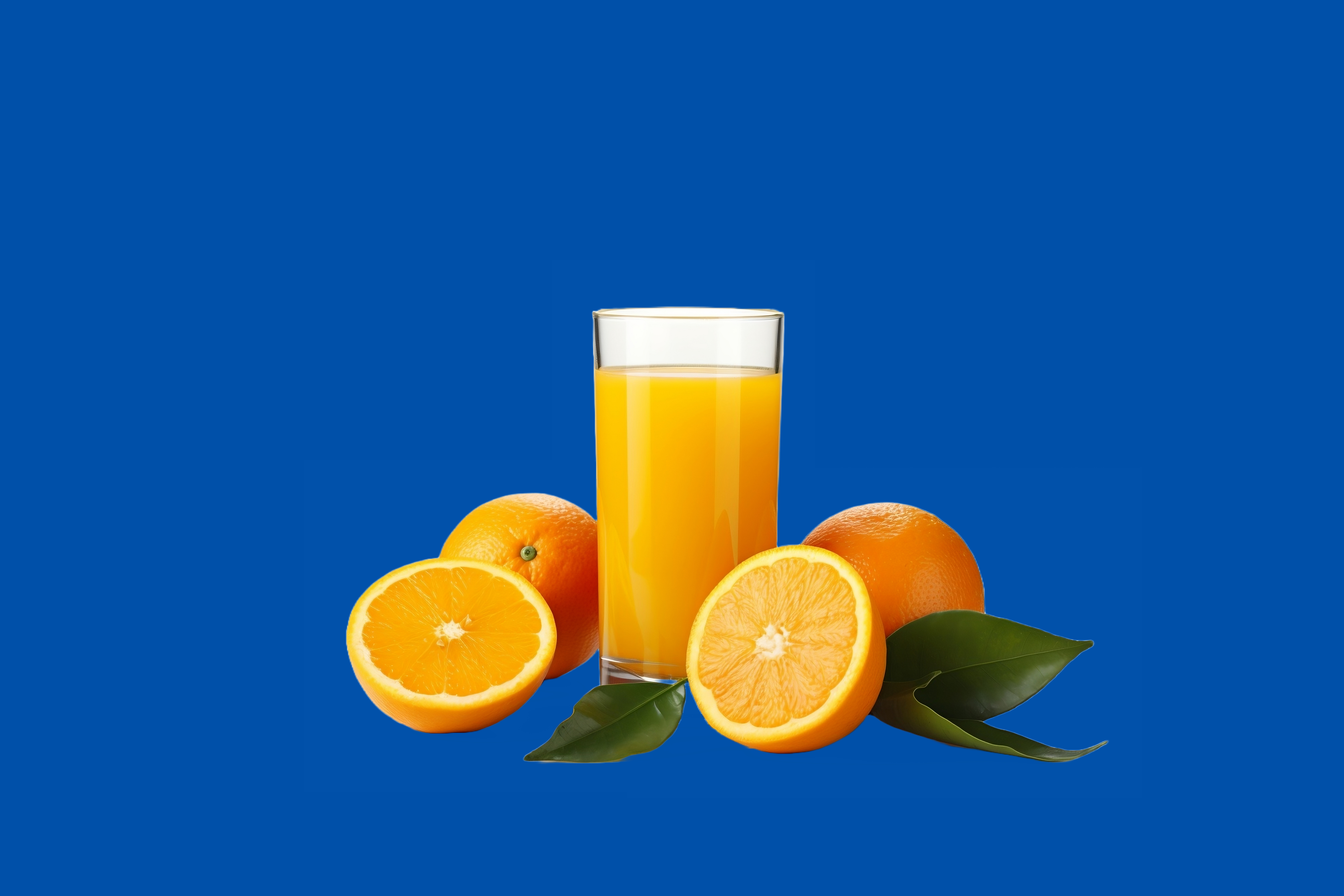 Kozarec pomarančnega soka in sveže pomaranče na modrem ozadju.