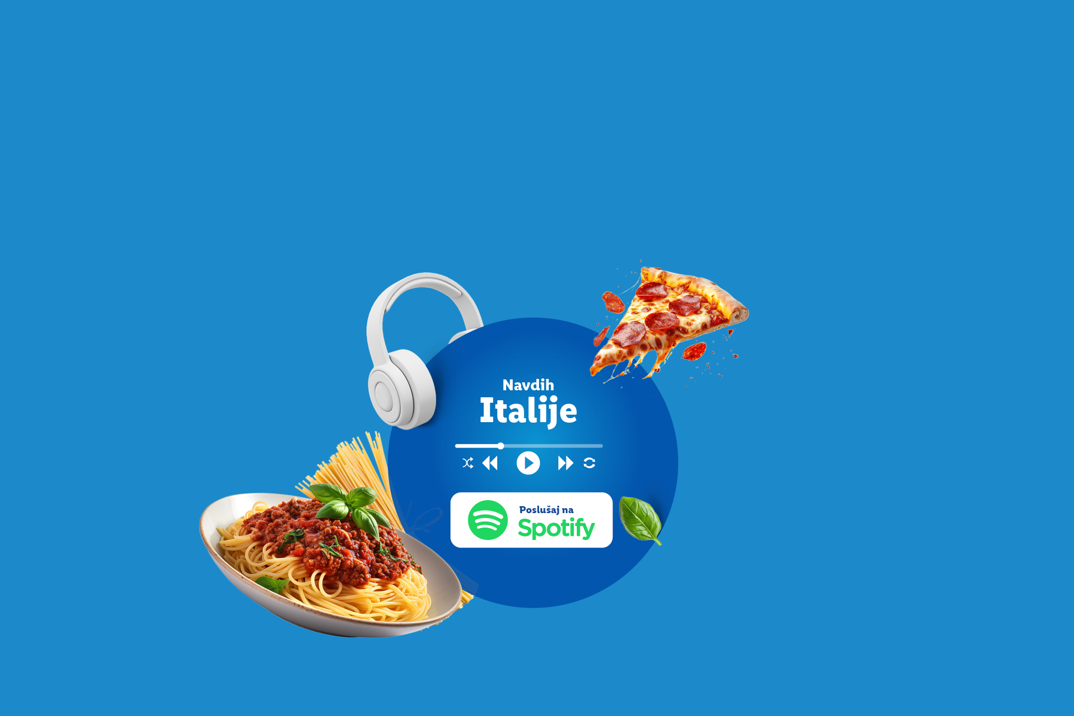 Slušalke, špageti z omako in pica, ki predstavljajo italijansko glasbo in hrano.