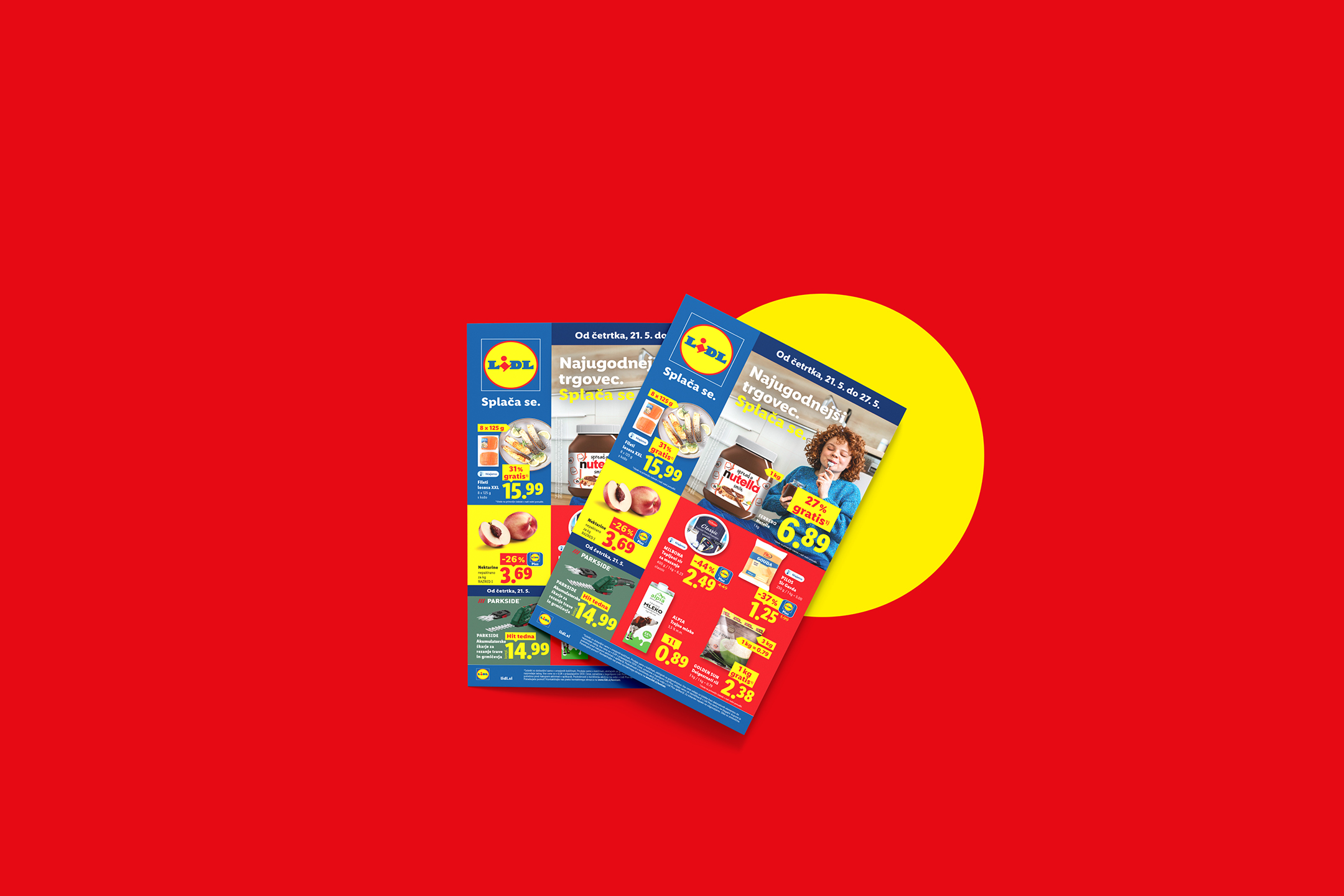 Lidl letak z akcijskimi ponudbami, vključno s čokoladnim namazom, breskvami in mlekom.