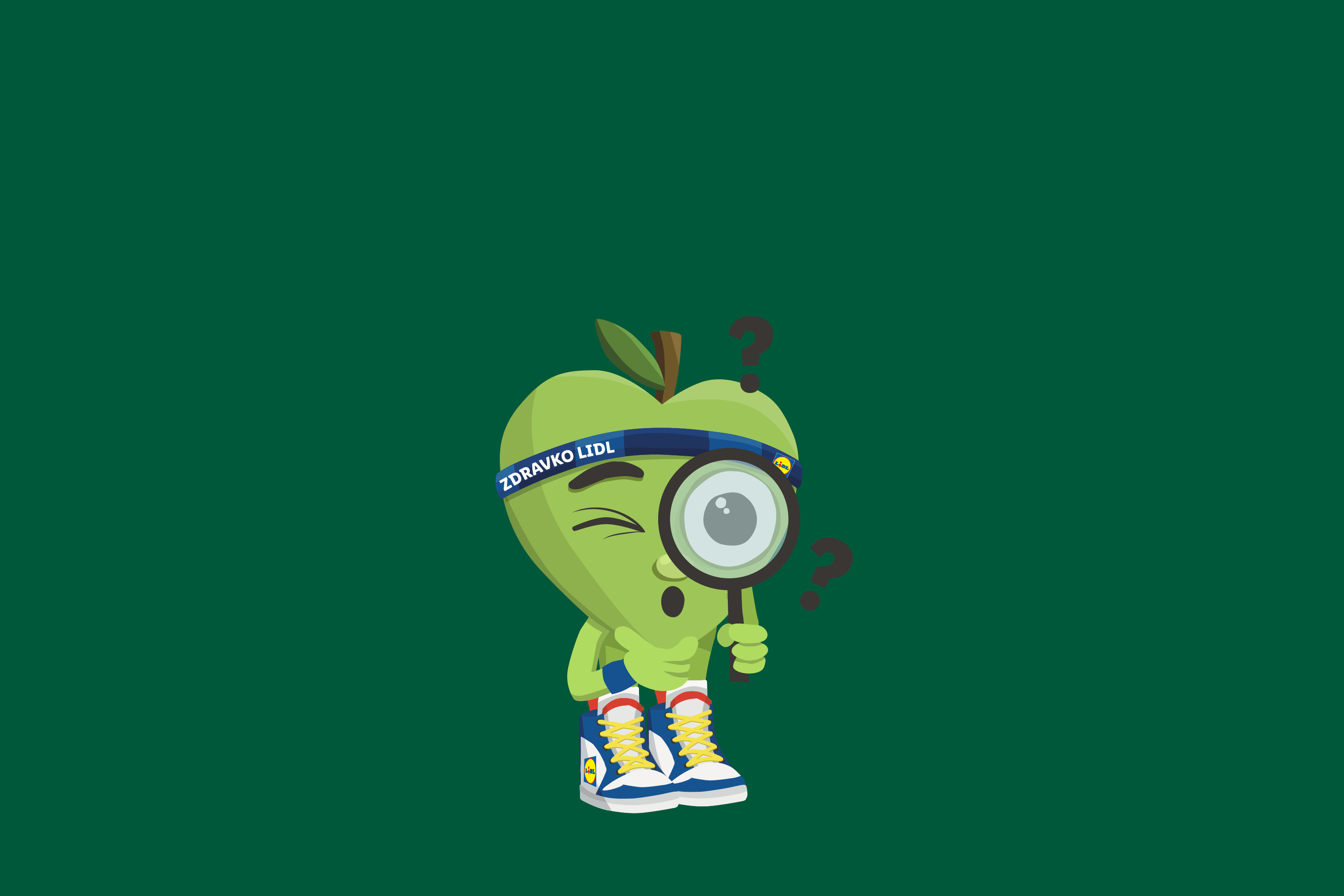 Zeleno jabolko z lupo in v supergah, z napisom 'ZDRAVKO LIDL' na traku.
