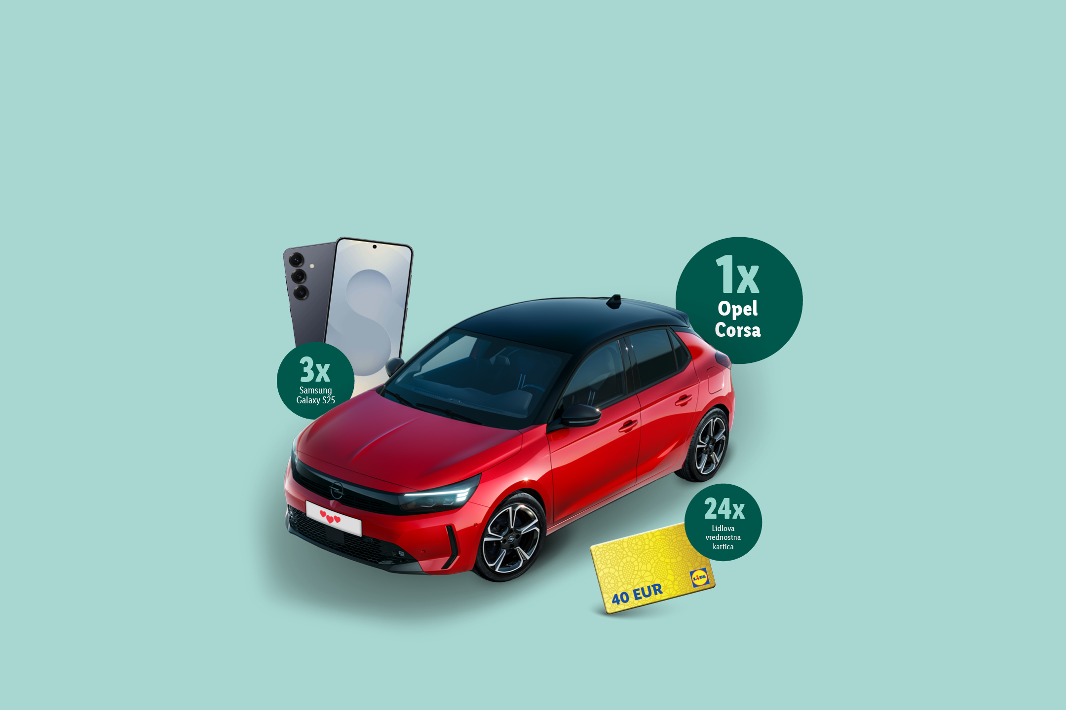 Rdeč avto, trije pametni telefoni in darilna kartica za 40 EUR.