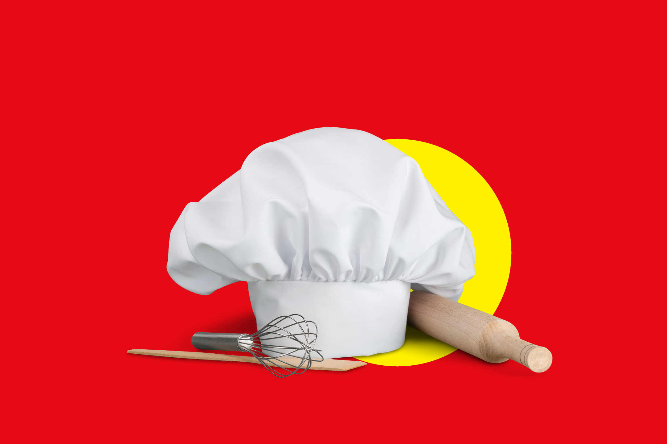 Kuharska kapa, metlica in valjar na rdečem ozadju z rumenim krogom.