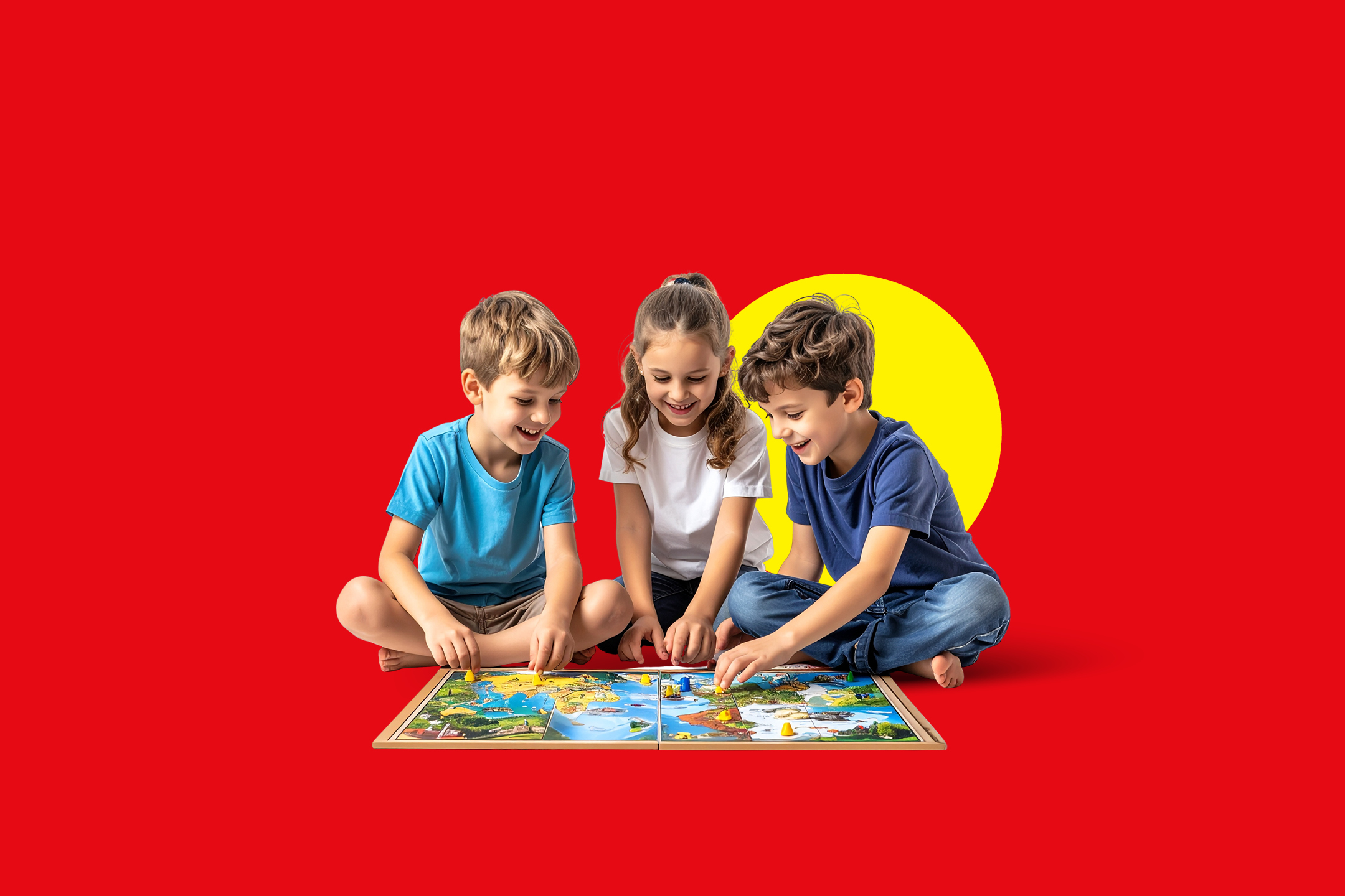 Trije otroci se igrajo družabno igro na rdečem ozadju z rumenim krogom.