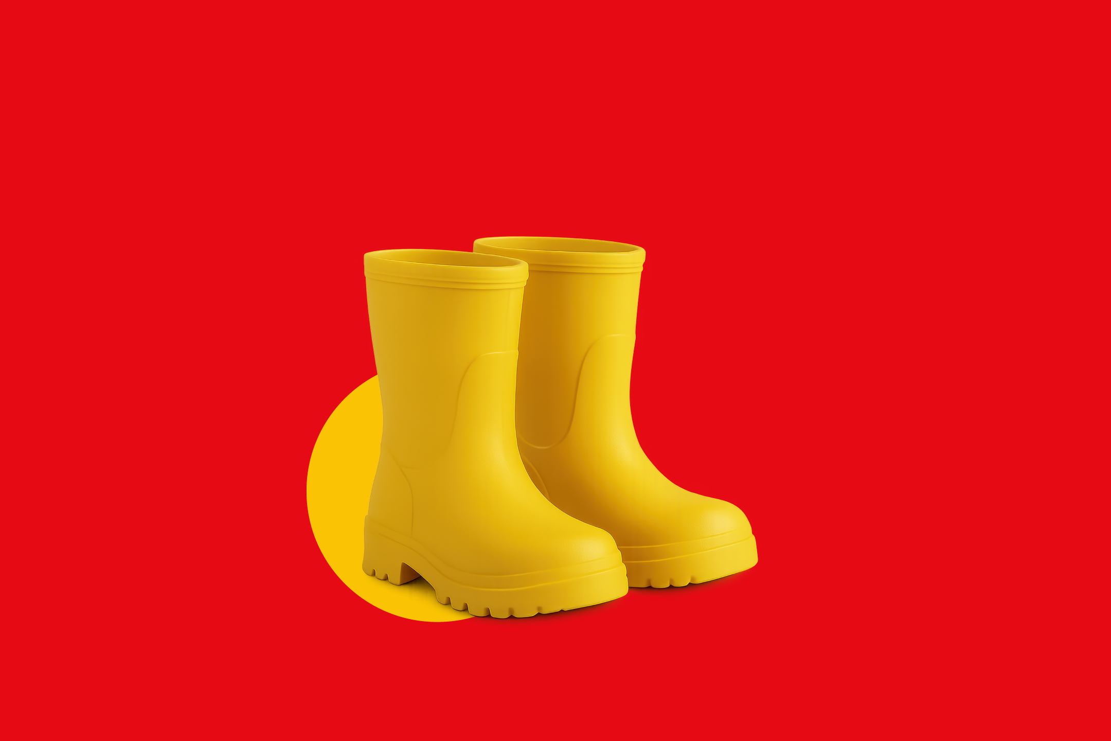 Par rumenih gumijastih škornjev na rdečem ozadju z rumenim krogom.