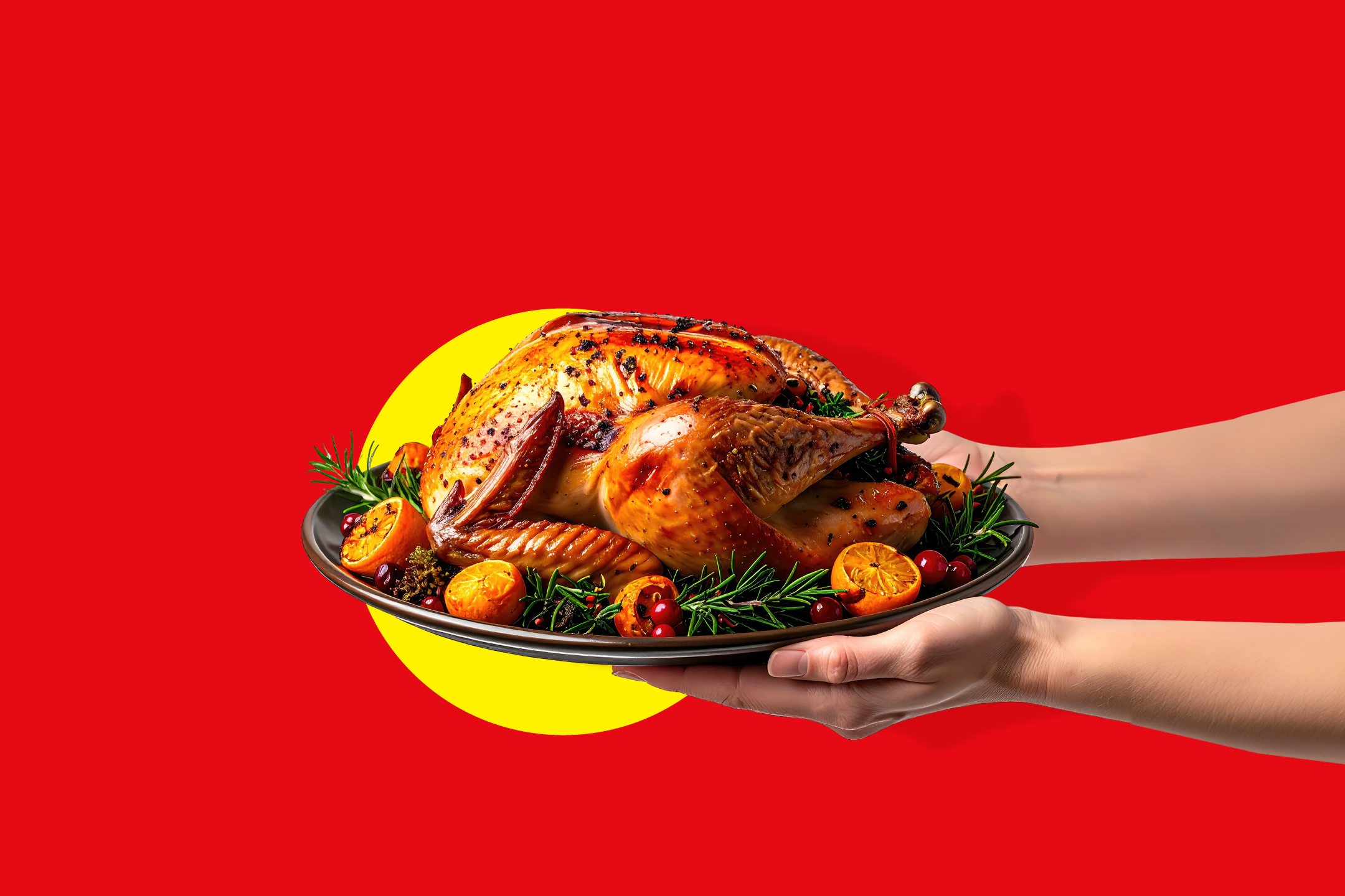 Pečen puran na pladnju, okrašen z rožmarinom in pomarančami, ki ga držijo roke.