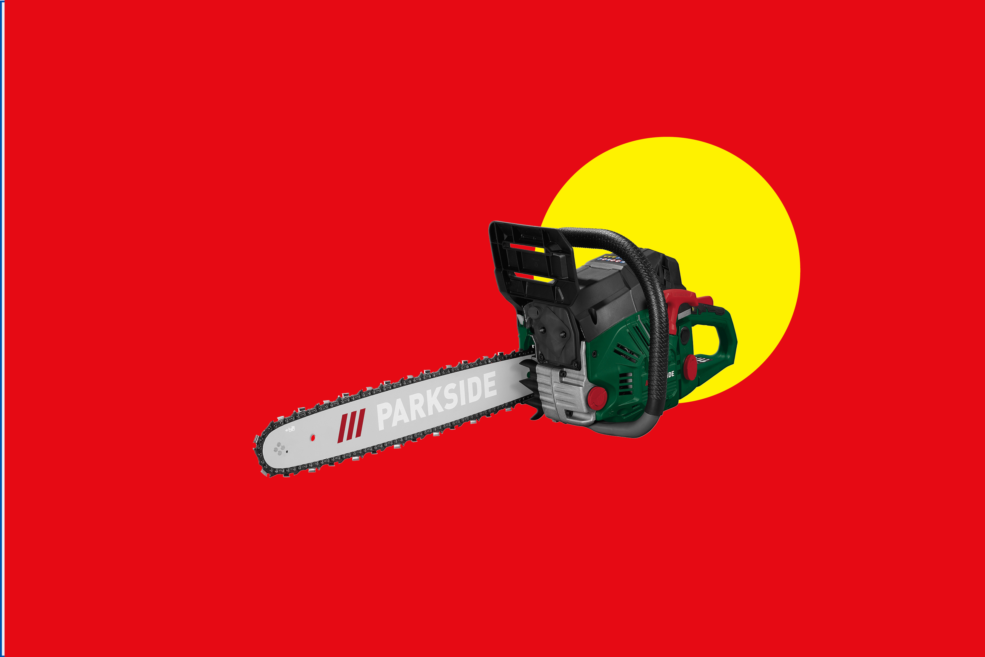 Motorna žaga na rdečem ozadju z rumenim krogom.