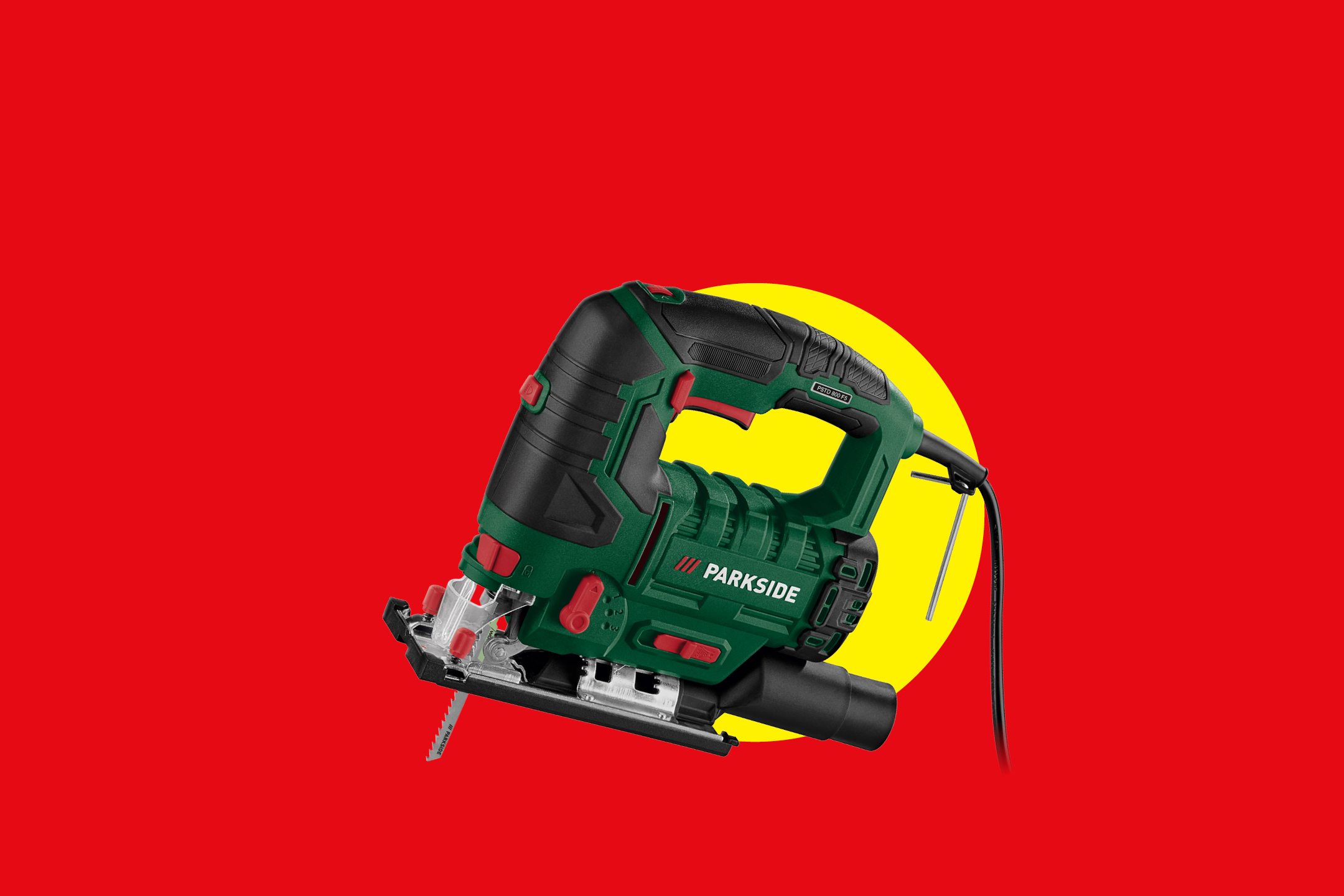 Vbodna žaga Parkside na rdečem ozadju z rumenim krogom