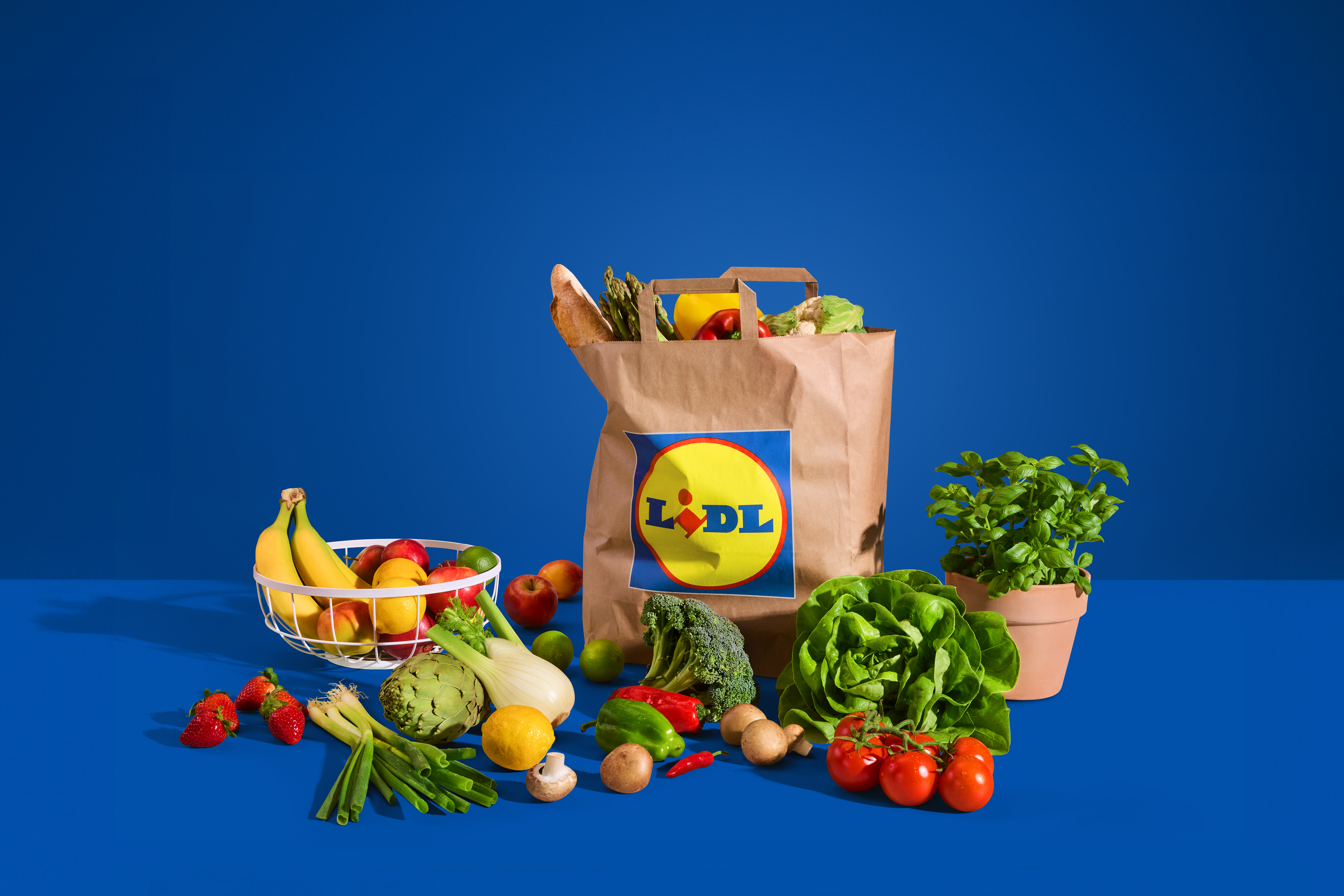 Nakupovalna vrečka in raznovrstno sveže sadje in zelenjava na modri podlagi.