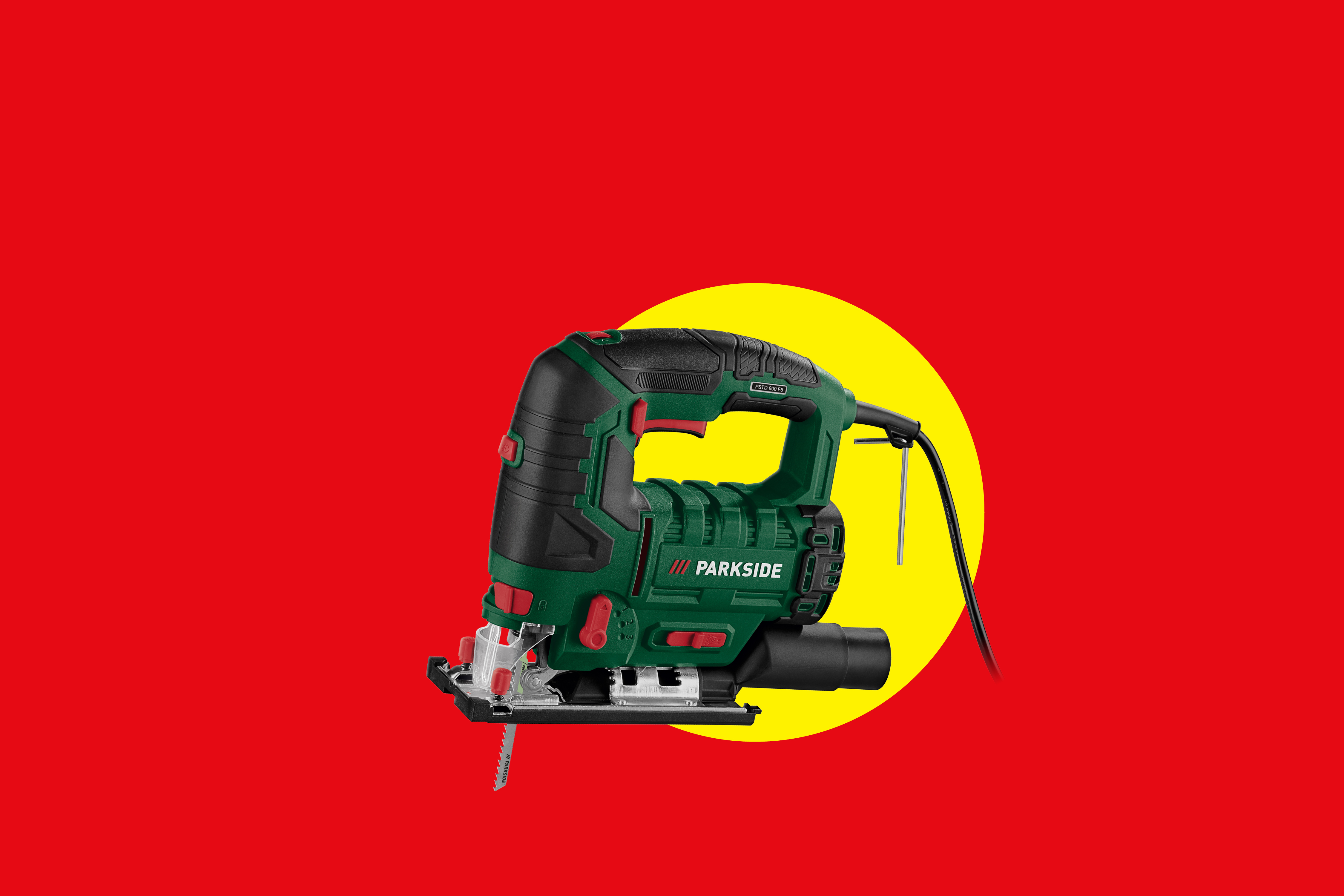 Vbodna žaga na rdečem ozadju z rumenim krogom.