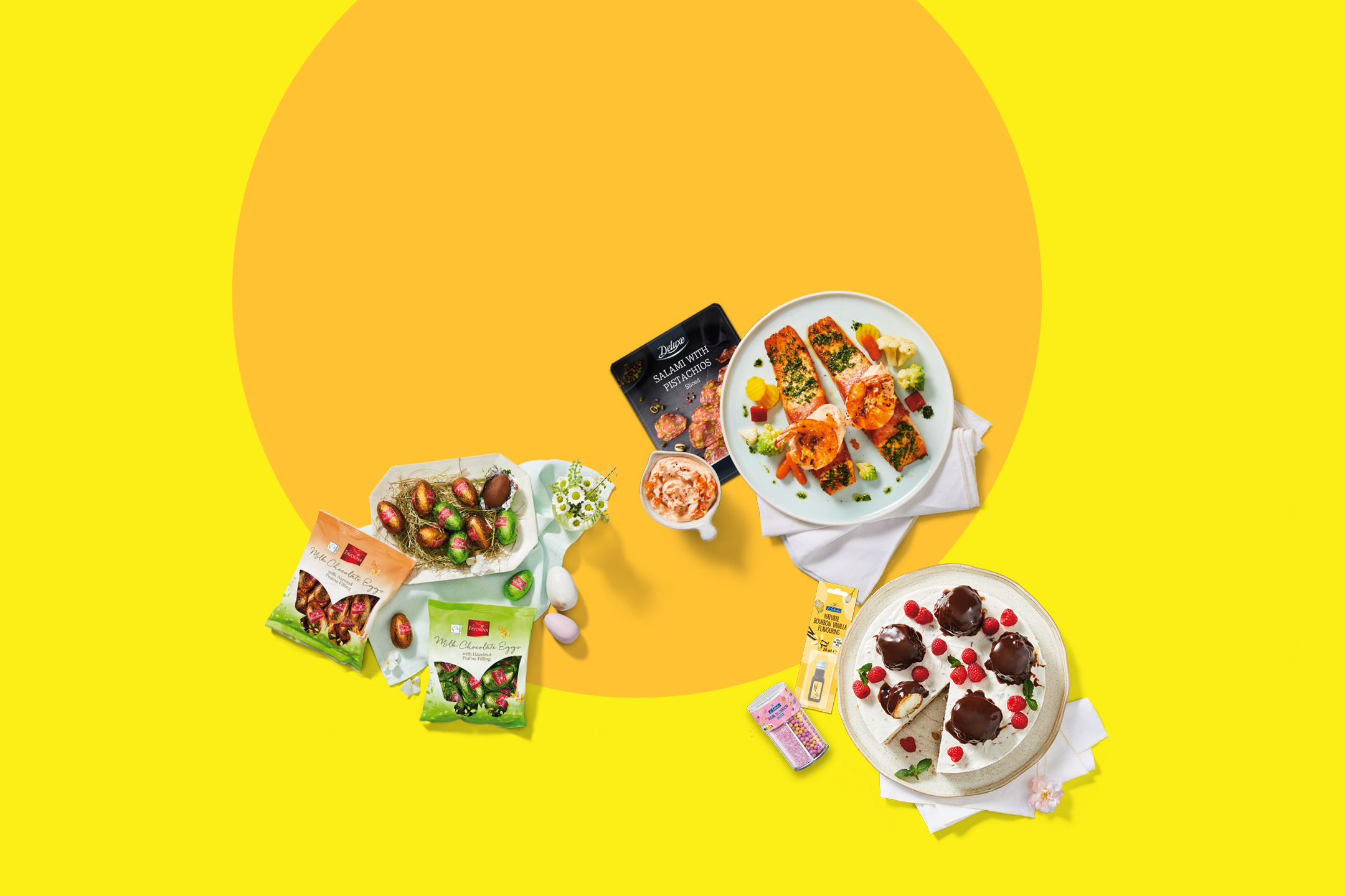 Velikonočna miza s čokoladnimi jajci, lososom, salamo s pistacijami in torto z malinami.