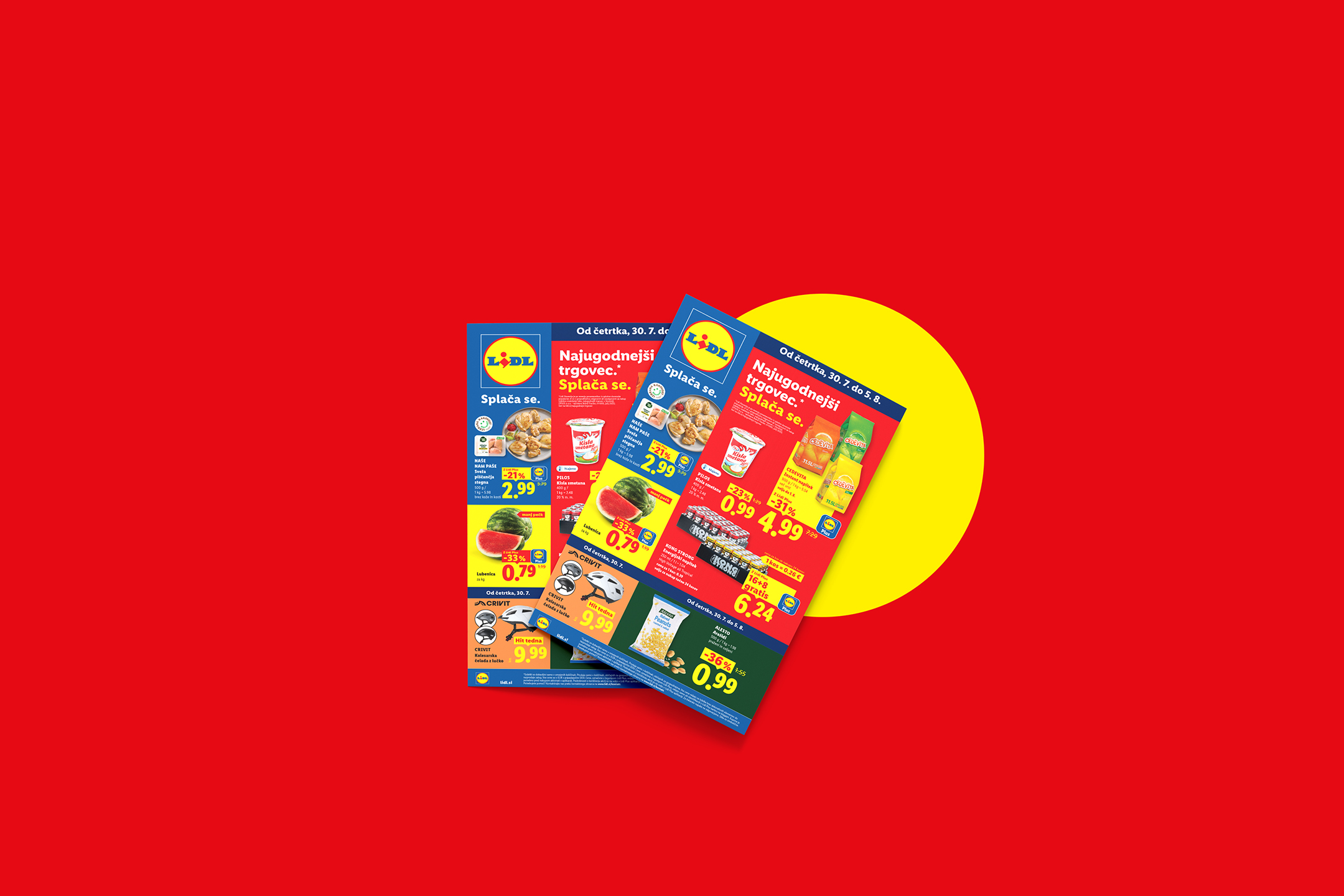 Lidl letaki z akcijskimi ponudbami za piščančja stegna, kislo smetano, lubenico, kolesarsko čelado, energijsko pijačo in arašide.