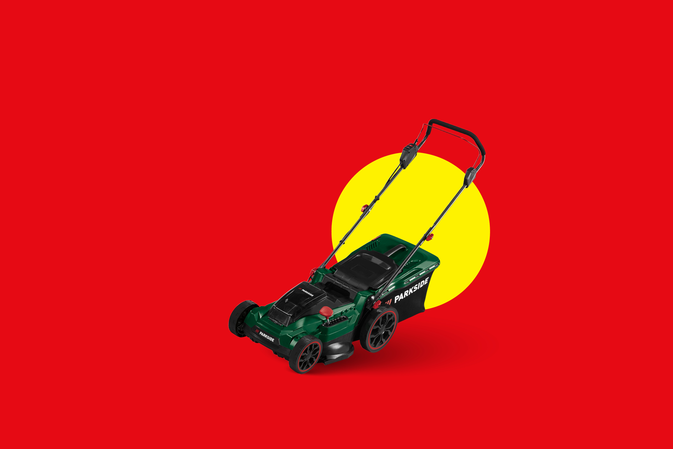 Zelena kosilnica na rdečem ozadju z rumenim krogom.