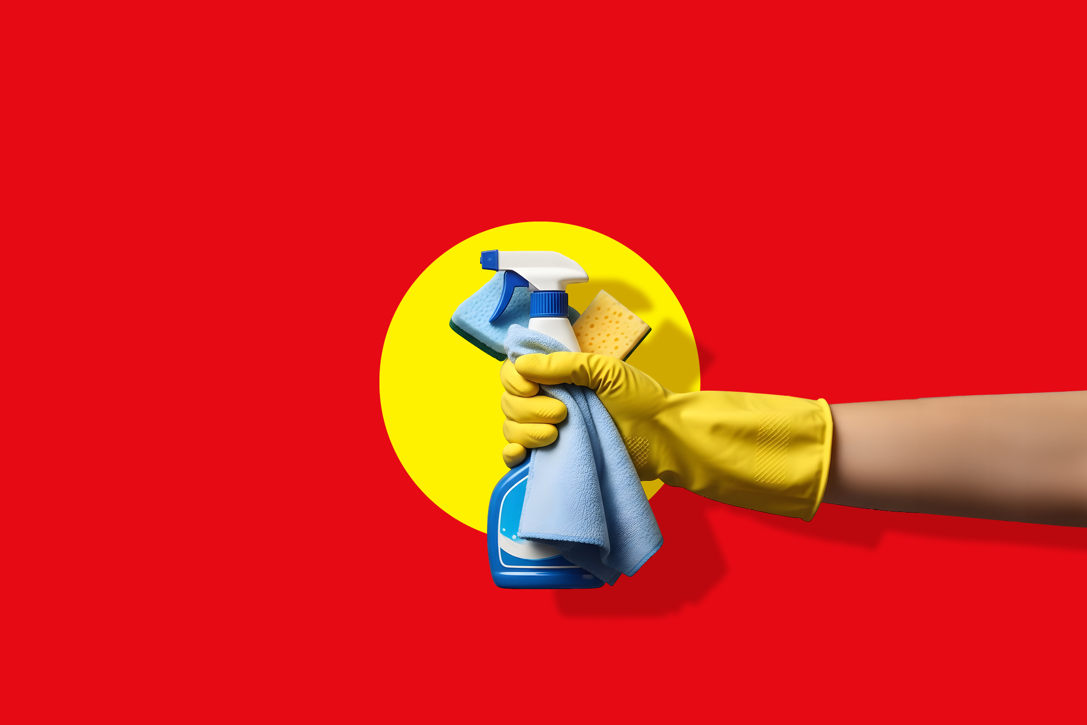 Roka v rumeni rokavici drži čistilno pršilo, krpo in gobico na rdečem ozadju z rumenim krogom.