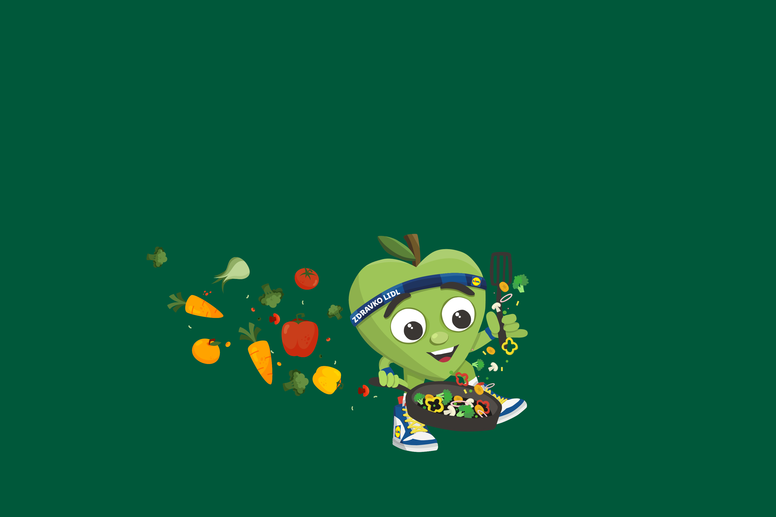 Zeleno jabolko z naglavnim trakom, ki kuha zelenjavo v ponvi, obkroženo z zelenjavo.