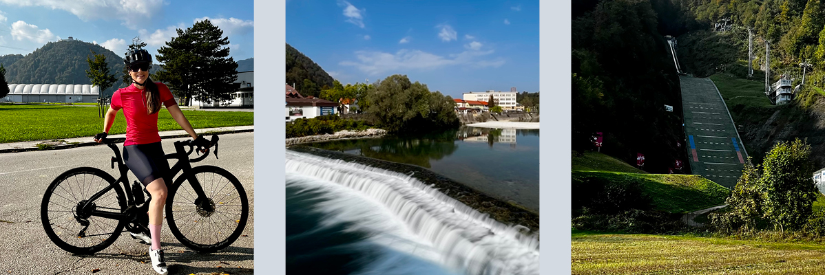 Kolesarka, cestno kolo, reka in smučarski skakalni oder.