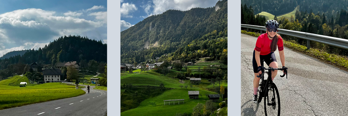 Kolesarjenje po cesti v idilični pokrajini: ceste, hiše in zelena gričevja.
