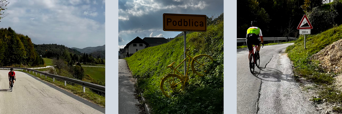Kolesarji na cesti, rumen kolo v Podblici.