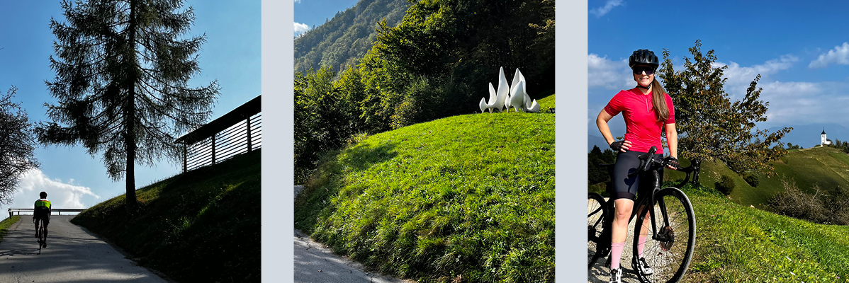 Kolesarjenje, bele skulpture, zelene pokrajine.