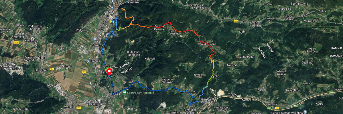 Karta s pobarvanimi kolesarskimi potmi okoli Kamnika in Domžal.
