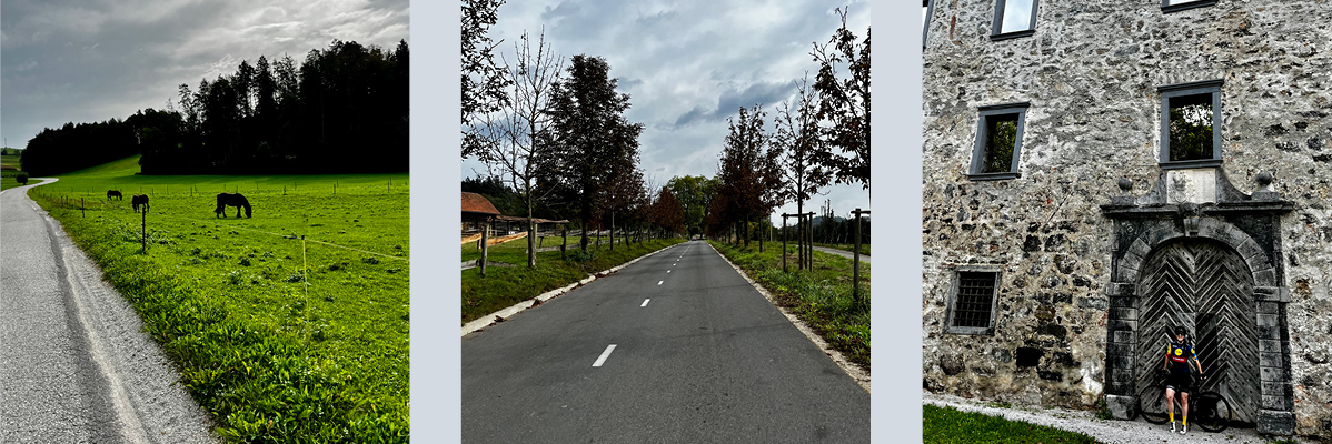Konji na pašniku, kolesarska pot in stara stavba.