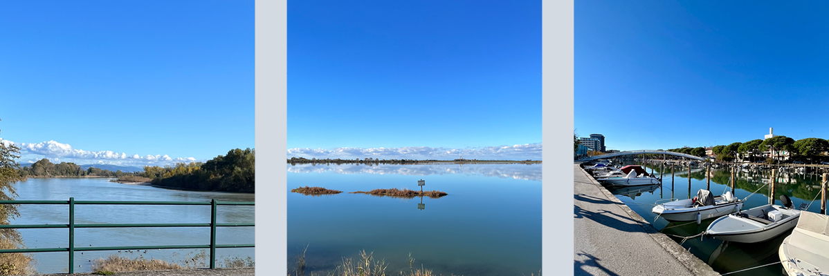 Panoramski pogled: reka, jezero in rekreacijski čolni.
