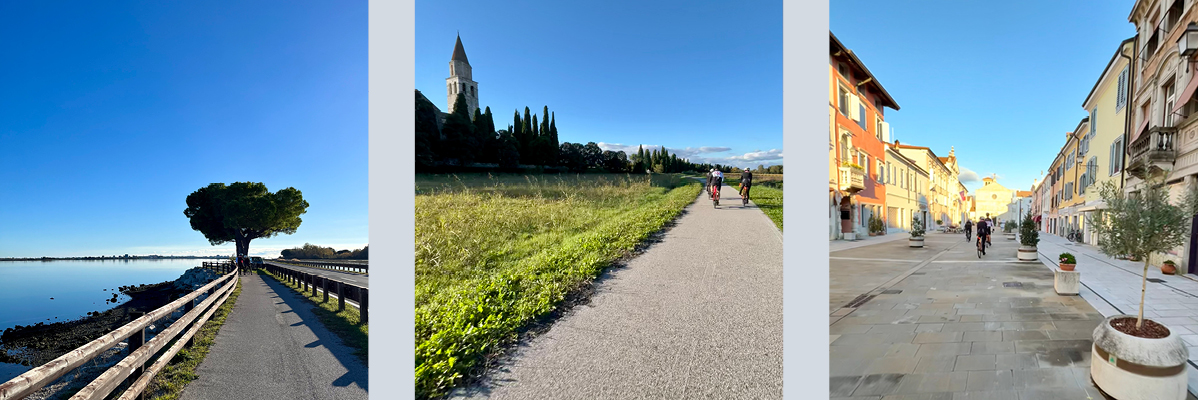 Kolesarji, jezerska pokrajina in italijanska arhitektura.