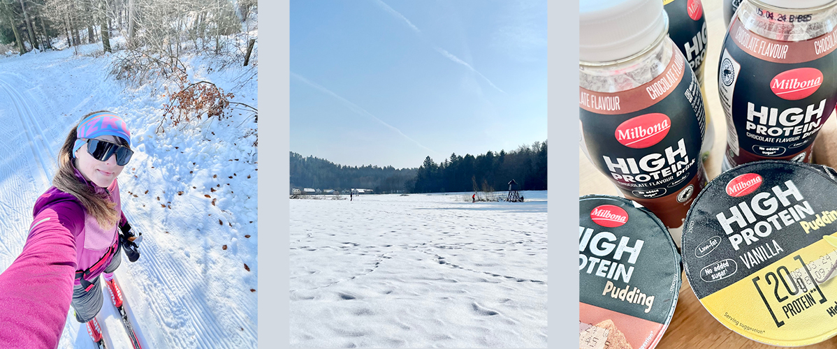 Tek na smučeh in Milbona visokoproteinski puding in pijača.