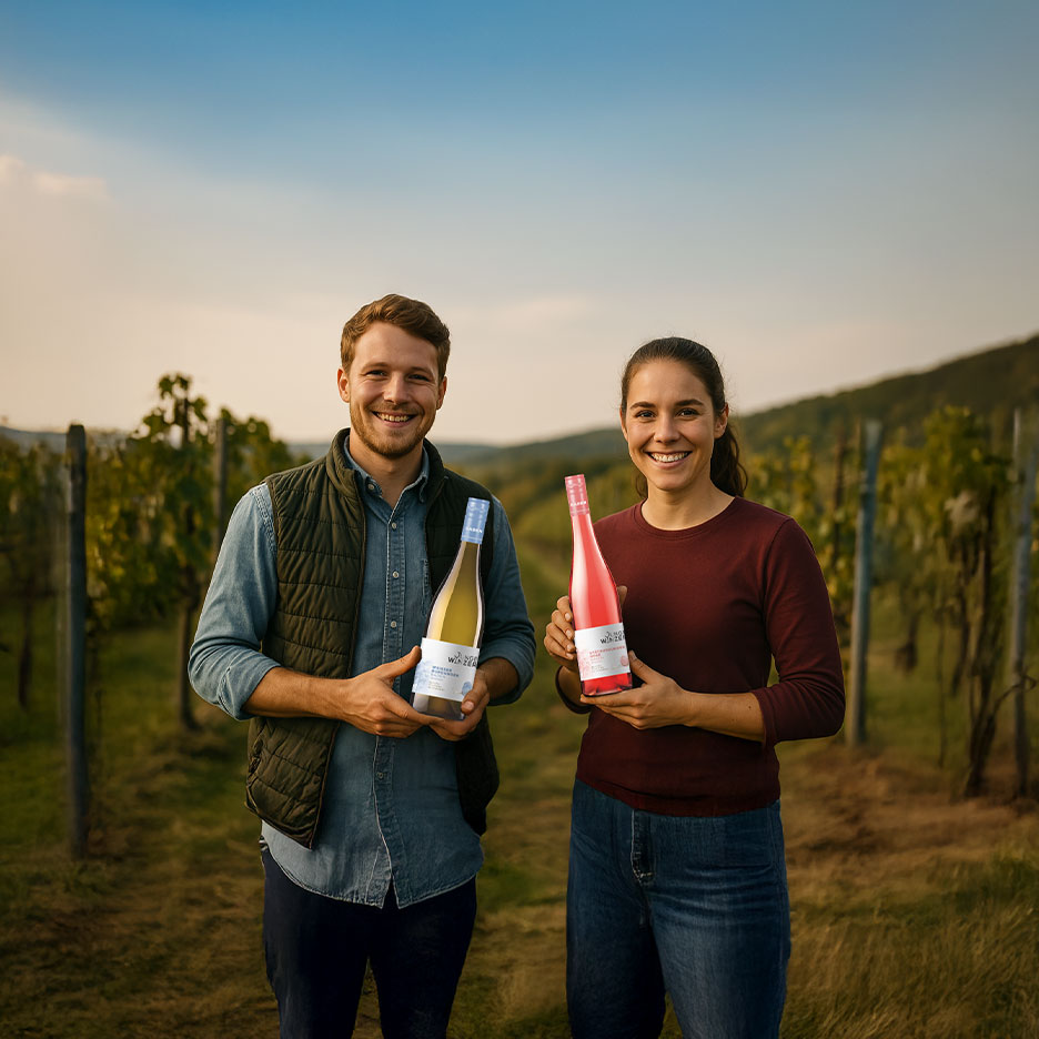 Dva človeka v vinogradu držita steklenici belega in rose vina, nasmejana.