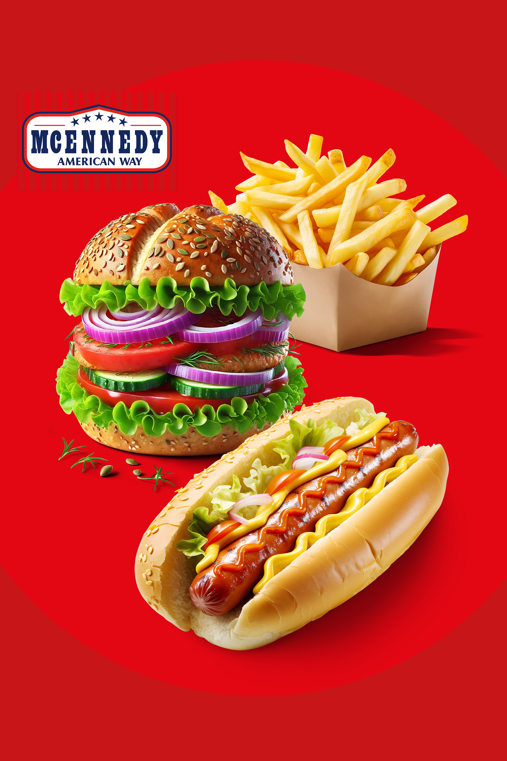 Hamburger, pomfrit in hrenovka na rdečem ozadju z logotipom »MCENNEDY AMERICAN WAY«.