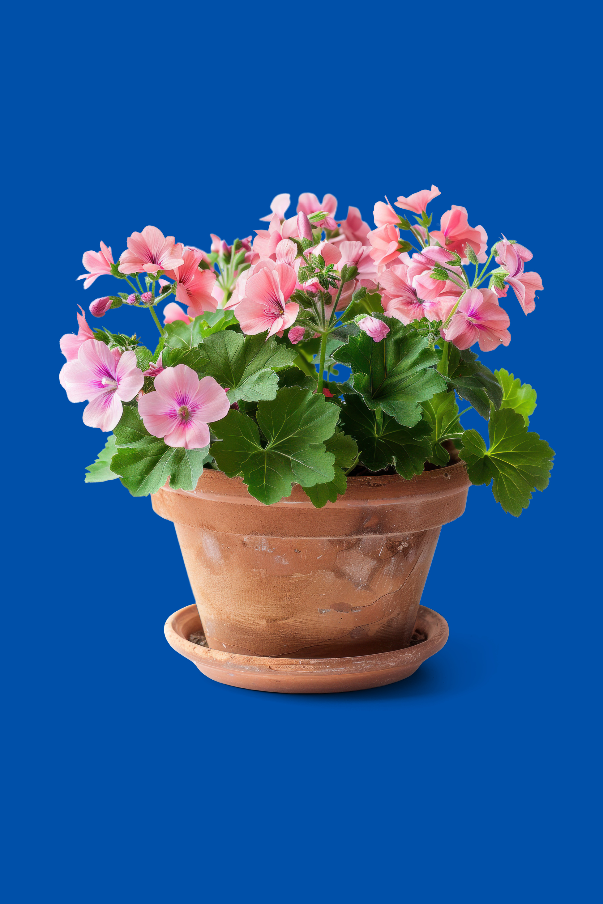 Rožnata pelargonija v terakotnem loncu.