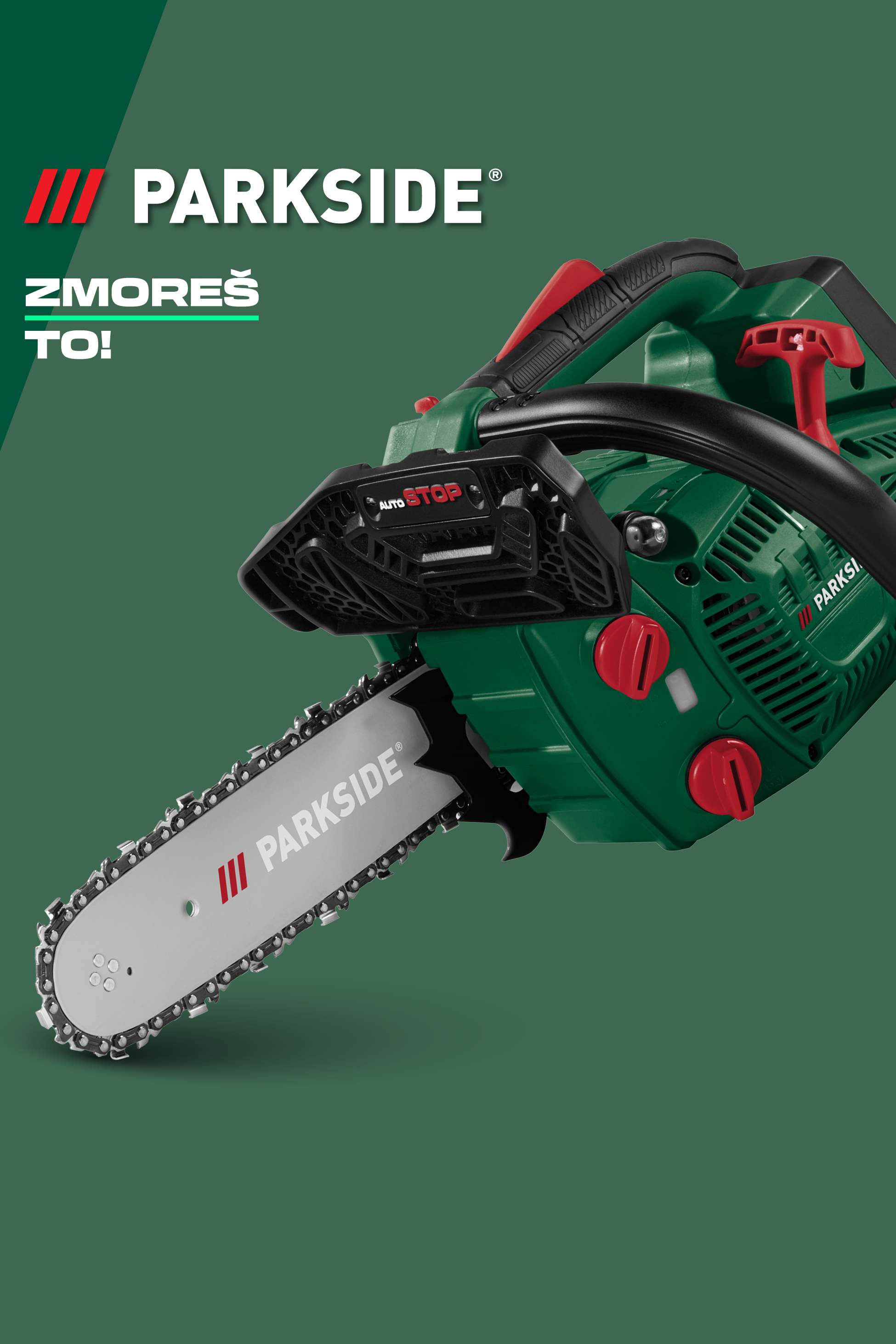 Zelena motorna žaga z napisom ZMOREŠ TO!
