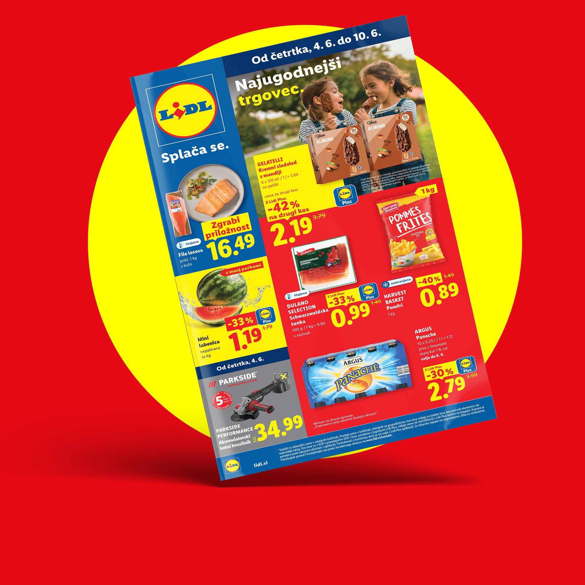 Lidl letak z akcijskimi izdelki, vključno s sladoledom, lososom, lubenico, šunko, pomfrijem in kotnim brusilnikom.