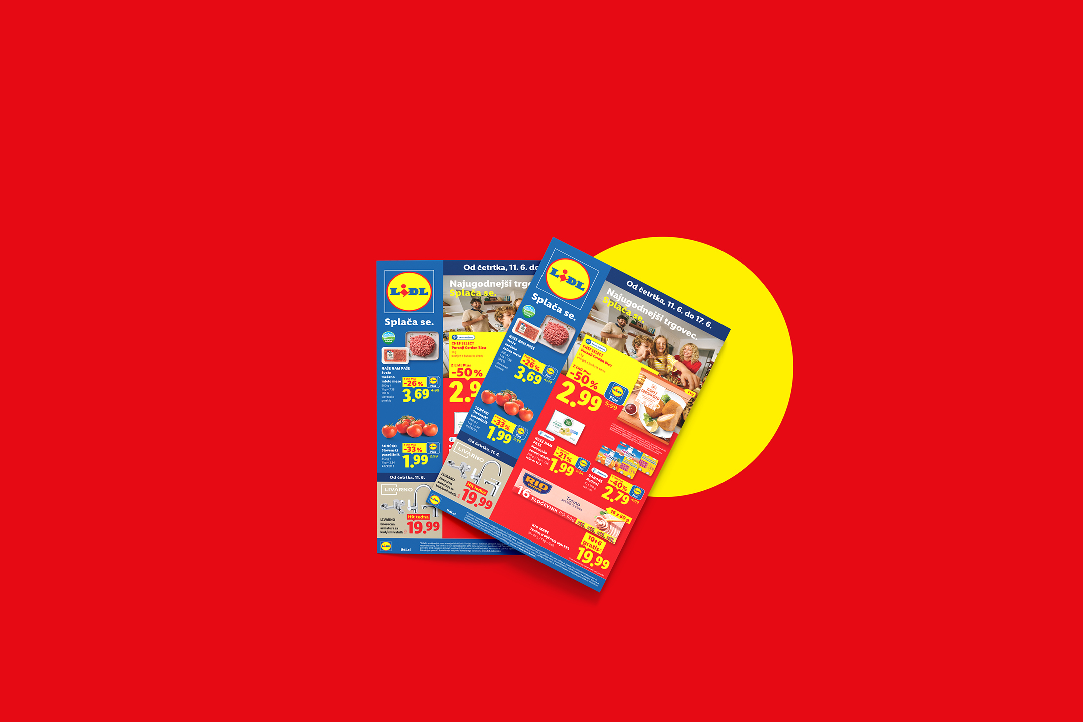 Lidl letak z akcijskimi ponudbami mesa, paradižnika, masla, tunine in kopalniške armature.