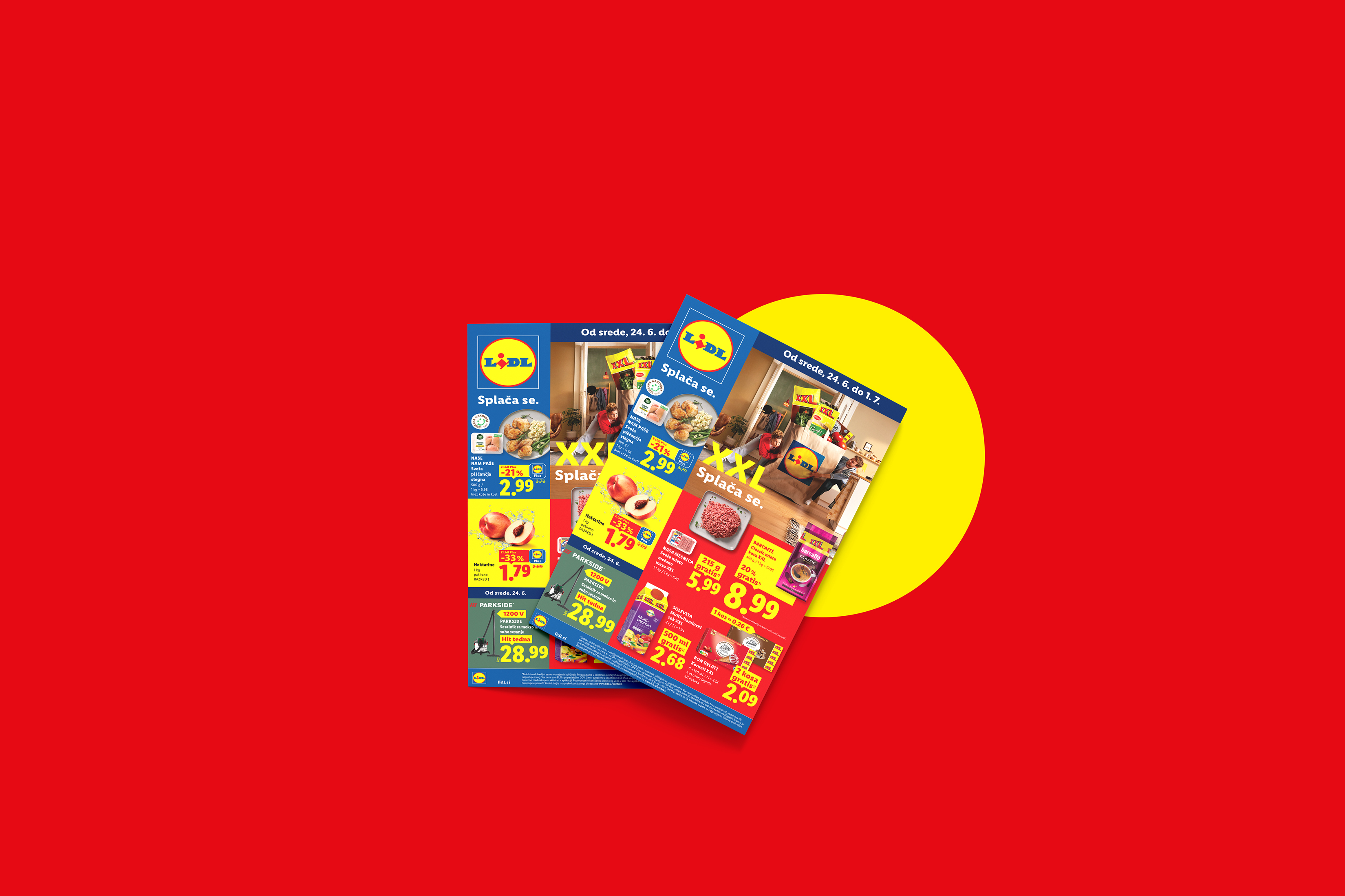 Lidl letaki s ponudbo piščančjih stegen, nektarin, sesalnika, mletega mesa, kave, soka in kornetov.
