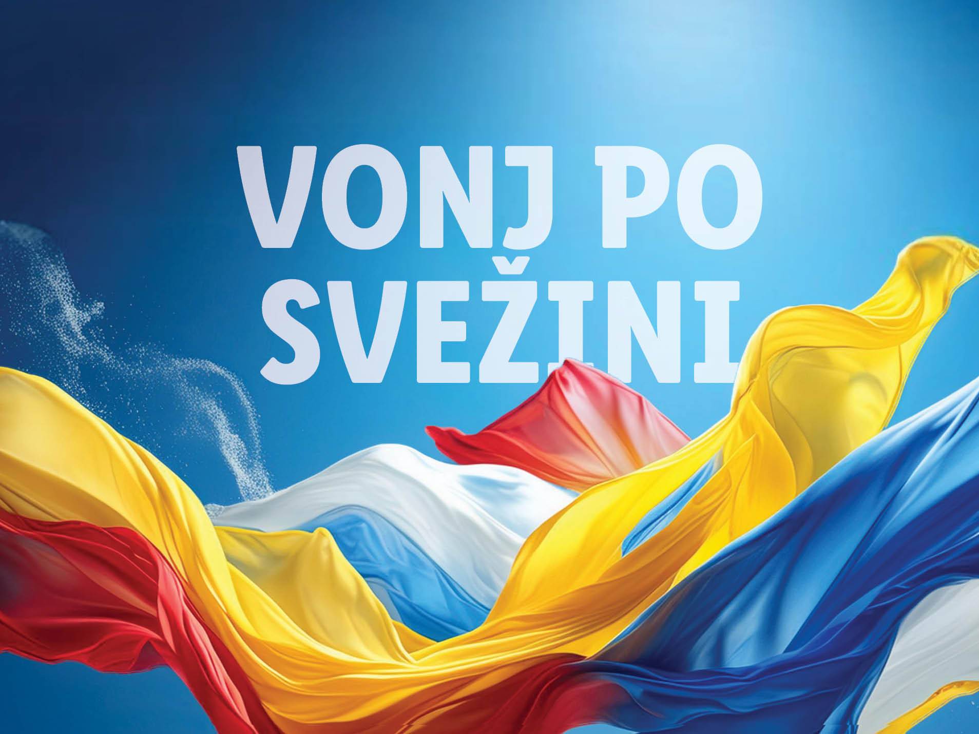 Svilene tkanine v rumeni, modri in rdeči barvi se vijejo na modrem ozadju z napisom 'VONJ PO SVEŽINI'.