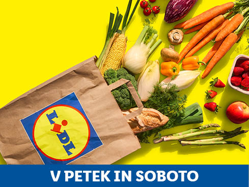 Lidl nakupovalna torba polna sveže zelenjave in sadja.