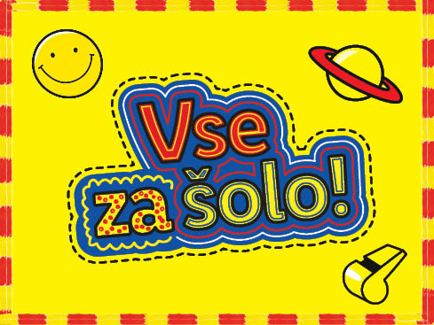 Veseli otroški plakat z napisom 'Vse za šolo!'.