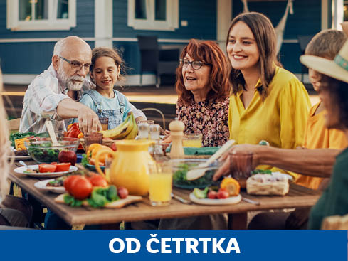 Družina uživa ob bogatem kosilu na prostem.